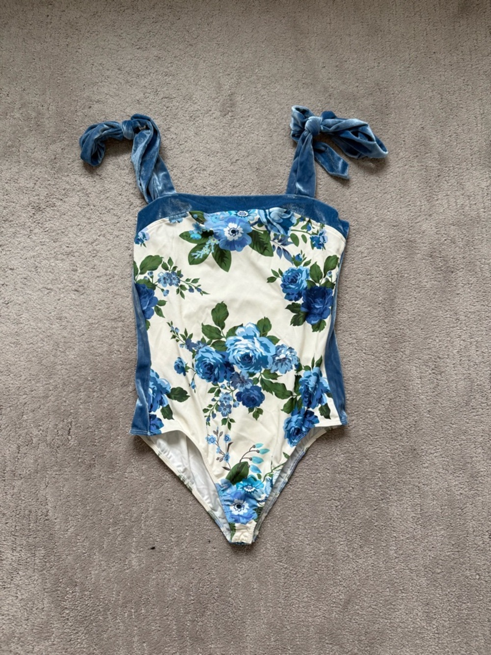 Blue Floral Velvet-Trim One-Piece Bodysuit